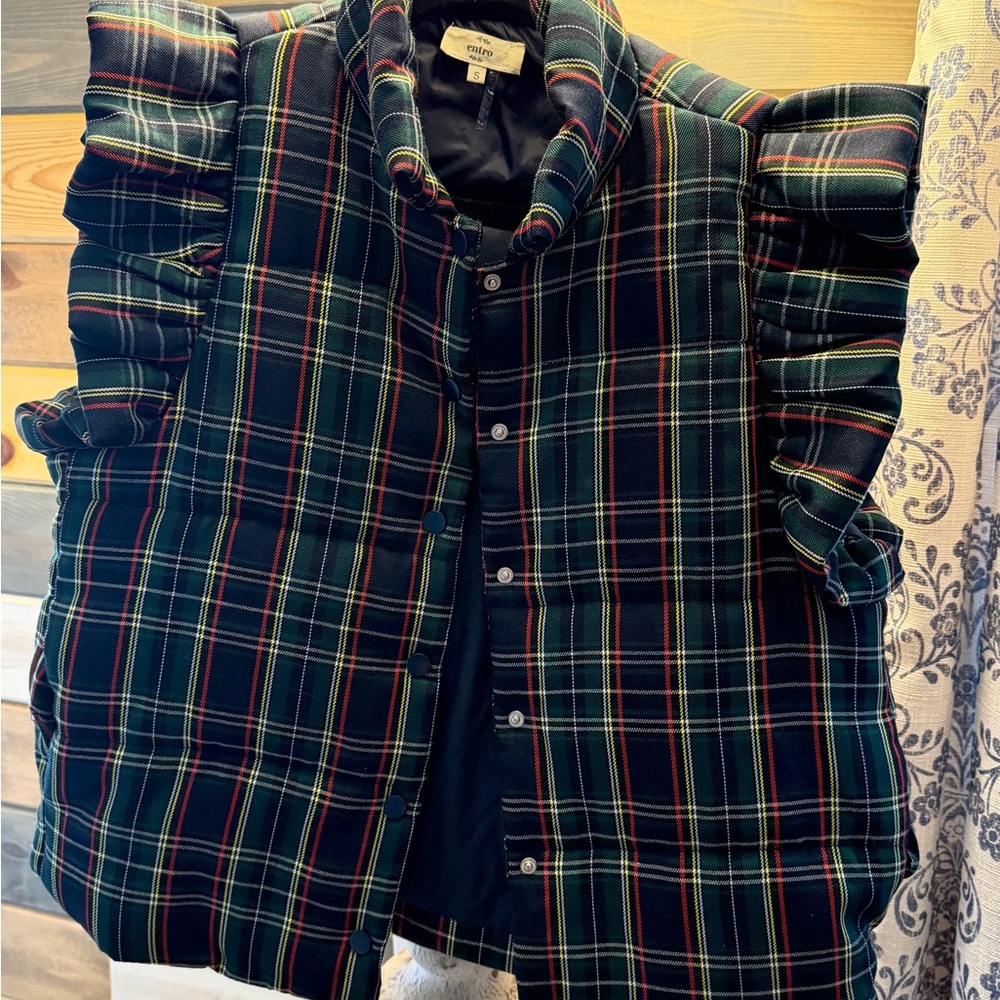 entro Plaid Ruffled Puffer Vest in Green, Red, Yellow